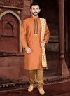Orange Colour Outluk Vol 34 Latest Jaqcuard Silk With Self Work Party Wear Kurta Pajama Mens Collection 34003